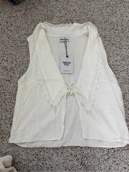 Princess Polly Tops - Princess Polly Cream Lace-Trim Tie Front Sleeveless Top
